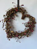 Primitive Style Faux Berries & Buttons Heart Wreath