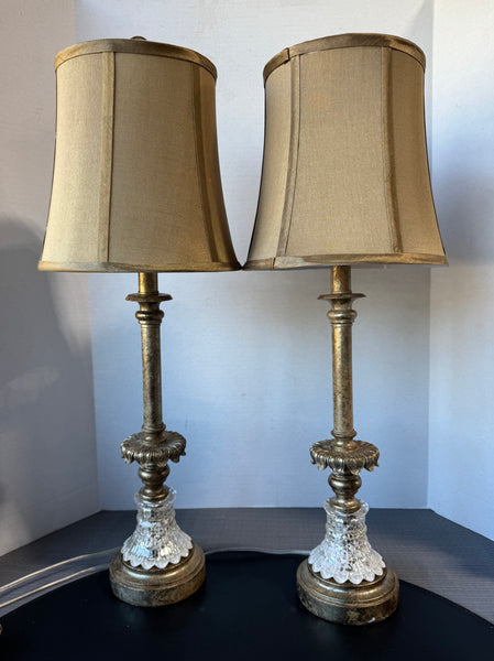 Pair of Gold Leaf Style Metal & Glass Buffet Lamps (WORKS)