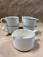 9 Piece Stoneware With Blue Trim Coffee Mugs And Creamer