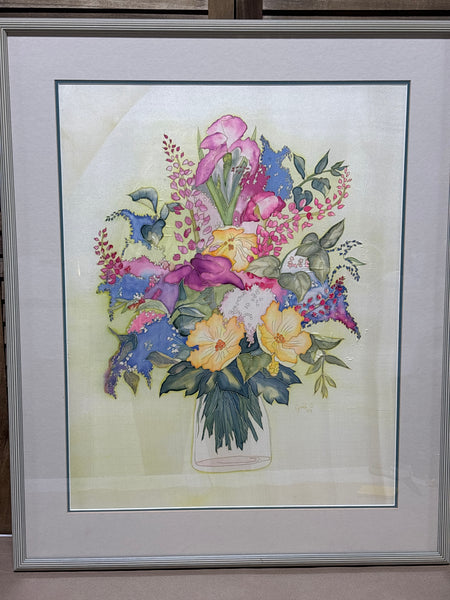 Bouquet Painting on Silk - Signed Gail C. 1989