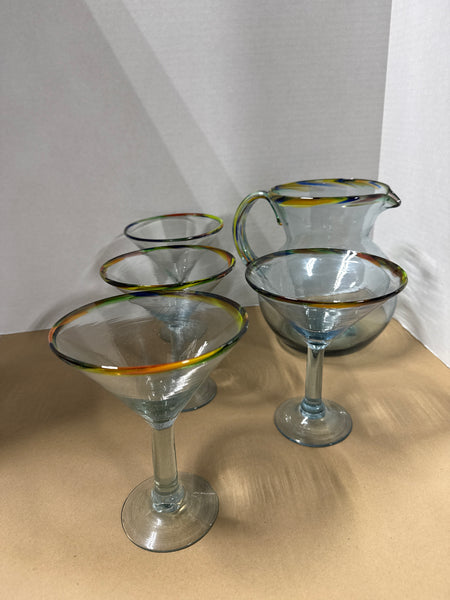 Mexican Hand Blown Glass With Confetti Rim Margarita Glasses And Pitcher — 5 Pieces