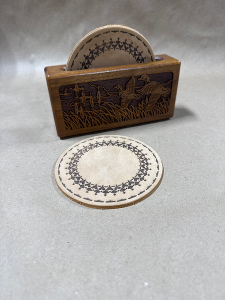 Set Of 4 Round Leather Coasters With Wooden Duck Case