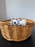 Oval Woven Wicker Basket with Blue & White Floral Porcelain Handles