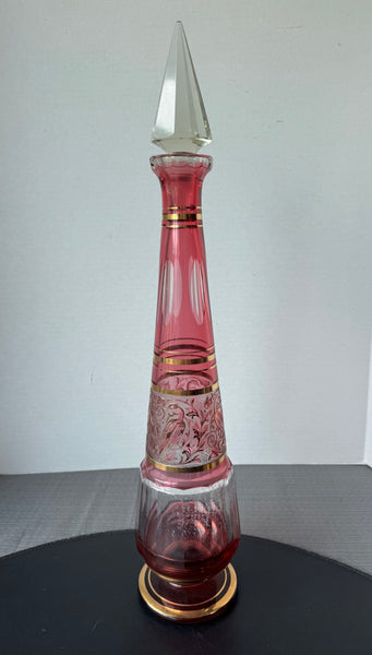 Large Bohemia Venetian Gilt Cranberry Glass Decanter with Stopper