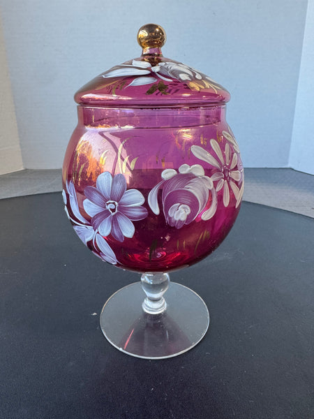 (B) Bohemia Czech Cranberry Glass Handpainted Floral Footed Candy Dish