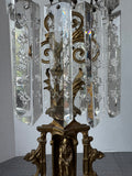 Pair of Antique Girandole Brass, Marble & Crystal Prism Candlesticks with Oil Lamp Conversion Inserts