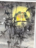 Asian Brush Painting of Love Birds on Bamboo; Signed