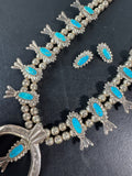 Hand Made Native American Navajo Silver Tone Turquoise Squash Blossom Necklace & Clip Earrings Set