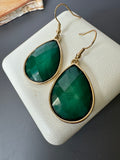 Green Faceted Teardrop Gold Tone Earrings