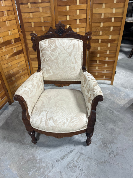 Victorian Rococo Revival Style Arm Chair with Demask Fabric