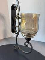 Bronzed Wrought Iron Heavyweight Scroll Wall Sconce with Smoky Glass Hurricane