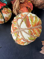 Lot of 5 Bohemian Patchwork Fabric Pumpkins with Rustic Metal Leaf Garland