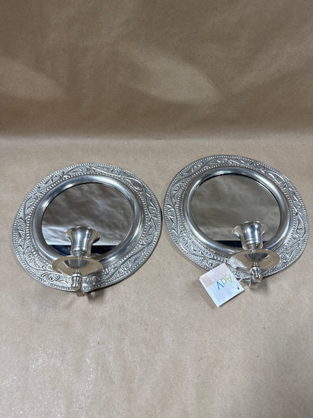 Pair Of Round Silver Wall Candle Sconces
