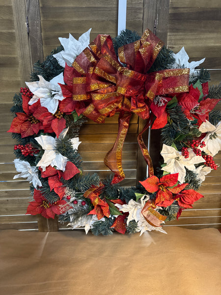 (A) Red And White Poinsettia Christmas Wreath