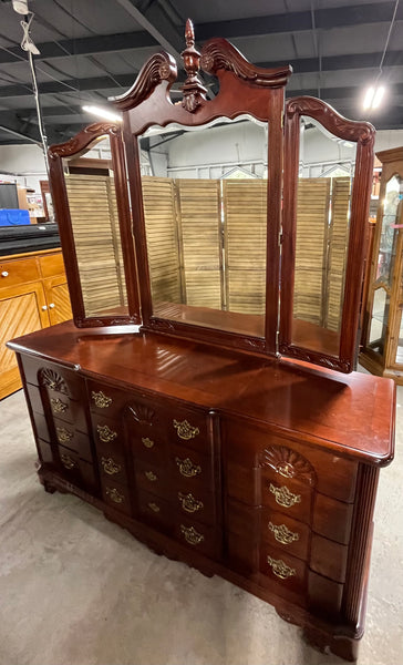 Cherry Tone Triple Dresser with Mirror, unbranded