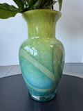 Mixed Faux Florals in Green & Blue Art Glass Vase