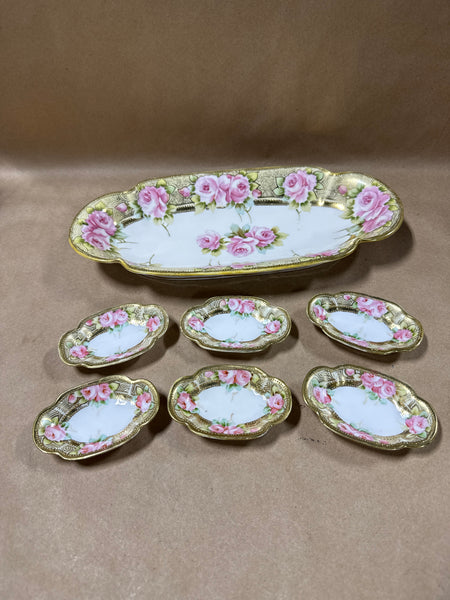 Pink Rose Nippon Celery Dish With 6 Salt Cellar Dishes