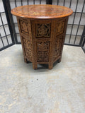 Round Inlay Side Table with Folding Carved Base