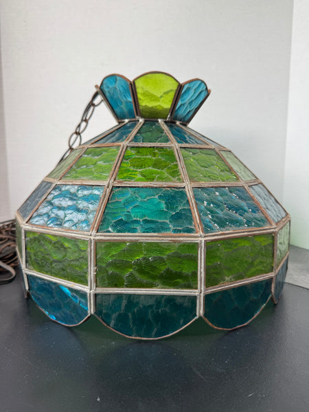 Green & Blue Vintage Stained Glass Pendant Light AS IS (READ DESCRIPTION CAREFULLY)