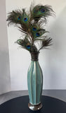 Pacific Rim Blue Fluted Ceramic Vase with Peacock Feathers