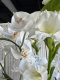 Faux White Orchids in Yellow Glass Cylindrical Vase