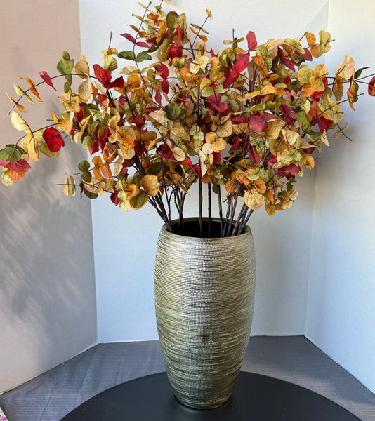 Faux Autumn Leaves Arrangement in Large Striated Portugal Pottery Vase