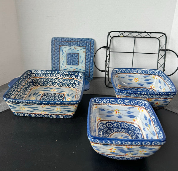 (D) 5-Piece Temptations by Tara Old World Blue Oven-To-Table Square Set