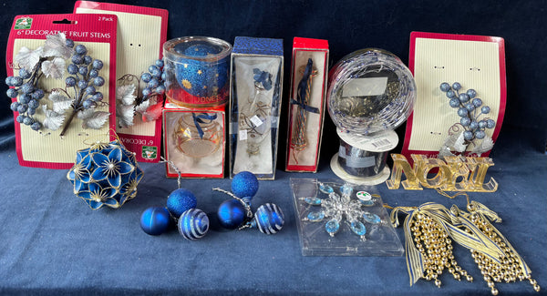 Assorted Christmas Ornament/Decor Lot Blue/Gold/Silver Toned