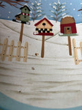 Hand-Painted Wooden Bowl – “Winter Is for the Birds” Folk Art Birdhouse Scene
