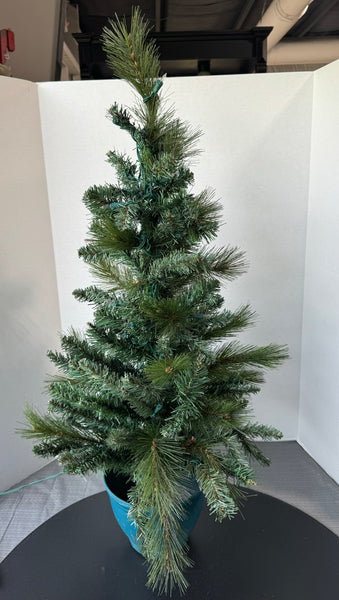 3ft Pre-Lit Faux Fir Christmas Tree in Teal Plastic Pot (WORKS)
