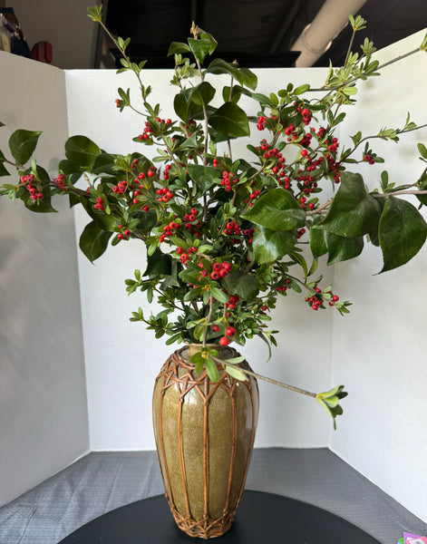 Faux Firethorn Greenery Arrangement in Vintage Heavyweight Rattan Wrapped Crackle Vase