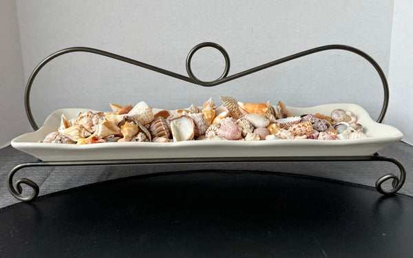 Homeware Portugal White Ceramic Rectangular Platter with Wrought Iron Carrier & Display with Seashells
