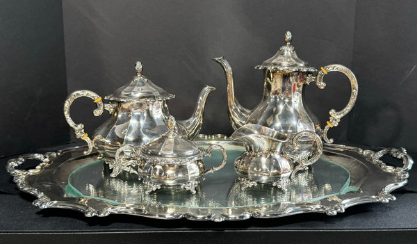 4-Piece Eugen Ferner Sterling Silver Tea Set with Glass-Lined Silver Plated Tray