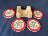 Set of 4 Christmas Holly Ceramic Coasters W/Holder– Signed *Read Description*