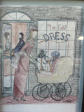 Signed Woman In Front Of Dress Shop Original Drawing
