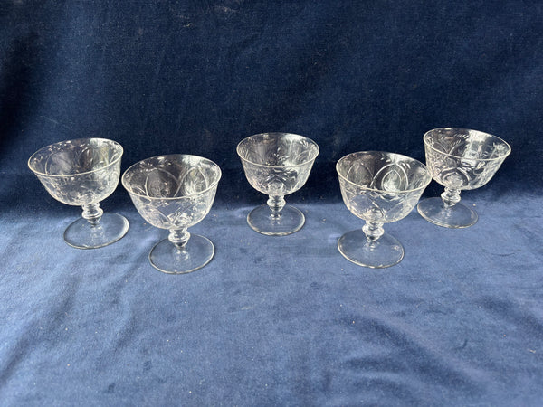 Set Of 5 Etched Sherbet Glasses