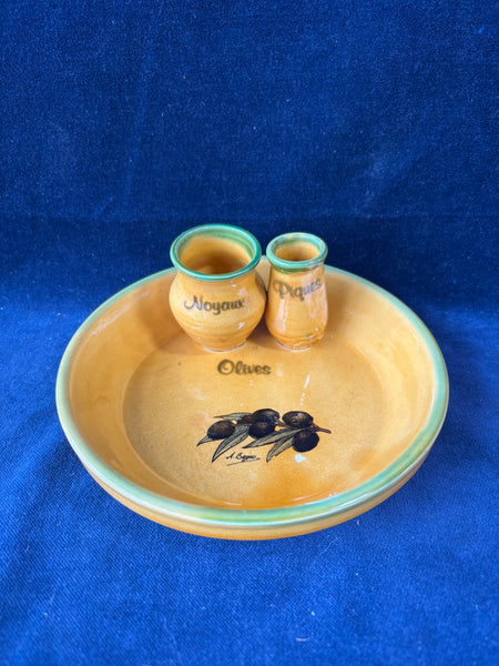 Hand Painted Italian Ceramic Olive Dish With Pitt Holder Pottery