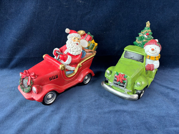 Pair Of Christmas Tabletop Decor Car Figurines