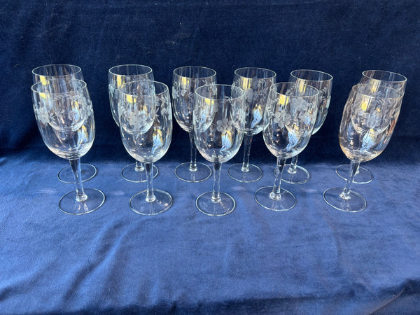 Set Of 11 Etched Wine Glasses