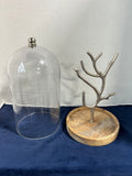 Branch Taper Holder Under A Glass  Cloche With Wooden Base