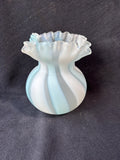 Fenton Style Blue Satin Opalescent Spiral Optic Art Glass Ruffled Vase