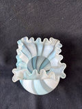 Fenton Style Blue Satin Opalescent Spiral Optic Art Glass Ruffled Vase