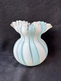 Fenton Style Blue Satin Opalescent Spiral Optic Art Glass Ruffled Vase
