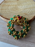 Green Enamel Gold Tone Holiday Wreath Brooch
