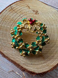 Green Enamel Gold Tone Holiday Wreath Brooch