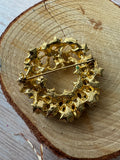 Green Enamel Gold Tone Holiday Wreath Brooch