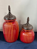 Set Of 2 Red Ceramic Kitchen Canisters With Decorative Lid
