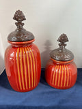 Set Of 2 Red Ceramic Kitchen Canisters With Decorative Lid