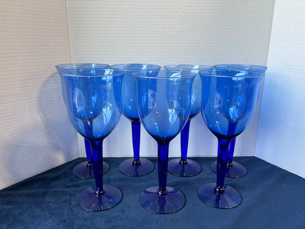 Set Of 7 Cobalt Blue Long Stemmed Large Wine Goblets