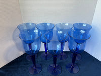 Set Of 7 Cobalt Blue Long Stemmed Large Wine Goblets